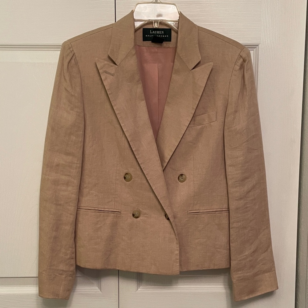 Lauren Ralph Lauren Linen Beige Tan Double Breasted Blazer 8 Petite